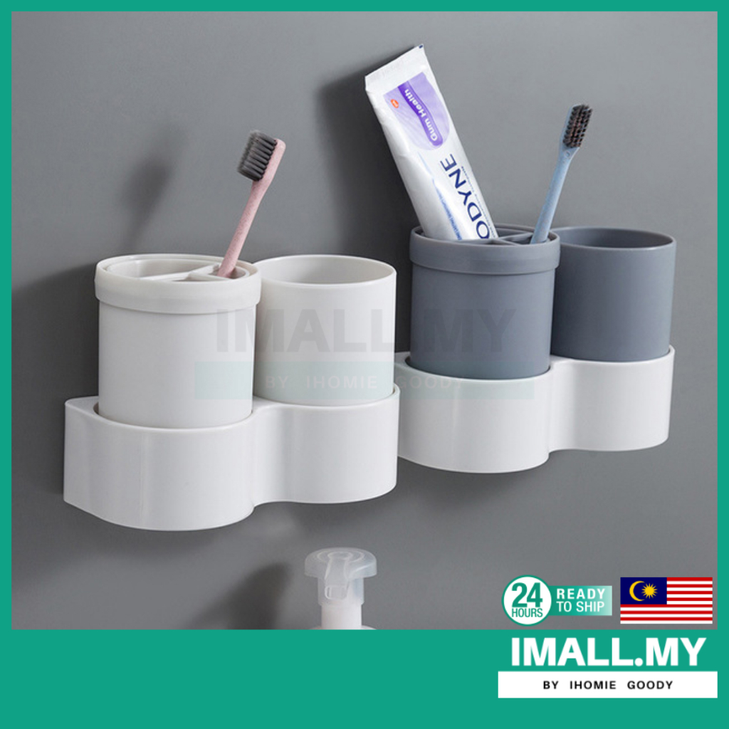 【iMall】Toothbrush Holder Toothpaste Holder Stand With Cups Wall Mounted Bathroom Makeup Brushes Storage Box Accessories