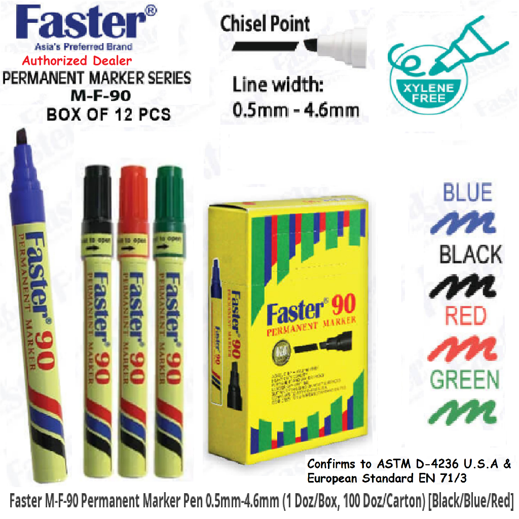 Faster 90 Permanent Marker Pen Marker Serong Chisel Point Black, Blue, Red, Green more economy than Artline 90