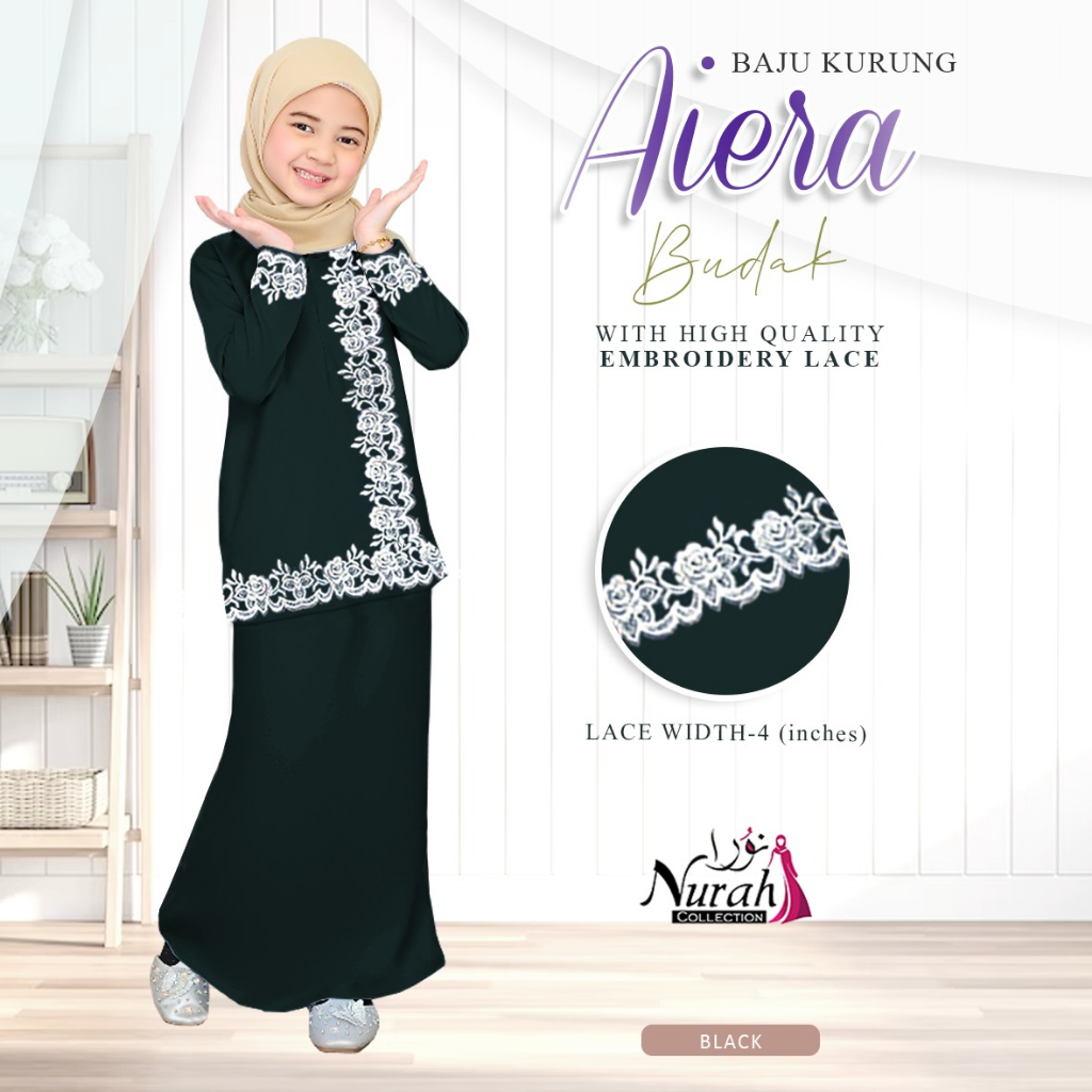 Kids Sulam Baju Kurung Moden Aiera Budak With Front Embroidery Lace Flower Design