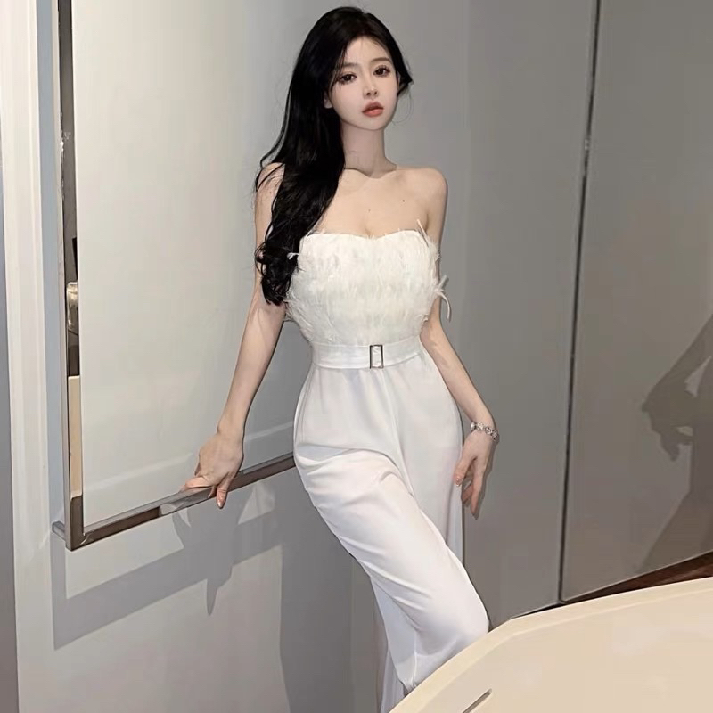 READY STOCK Luxury Feather Stitching Tube Top Jumpsuit Temperament Loose Slim Wide Leg Casual Pants Jumpsuit Female