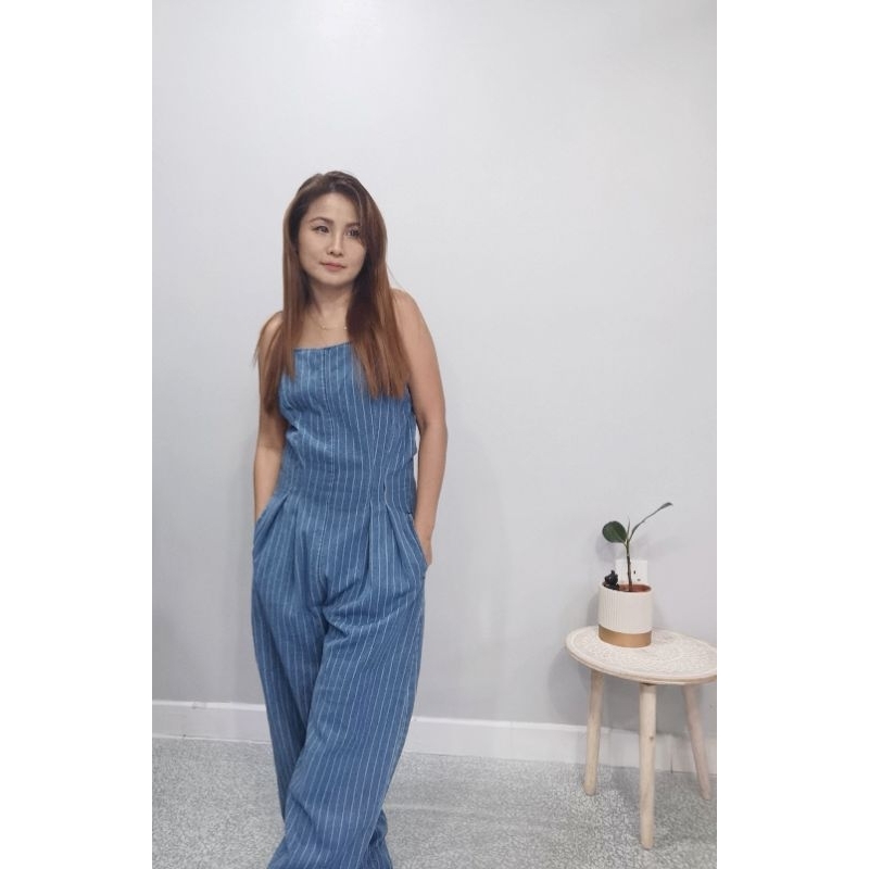 korea inspired stripe denim women jumpsuit