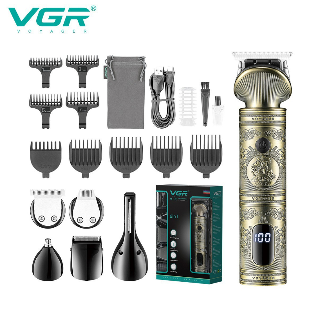 ORIGINAL VGR V-106 Professional Hair Clipper Hair Cut Mechine Nose Trim 6in1 USB Charging Men shaver Mesin Trimmer Set