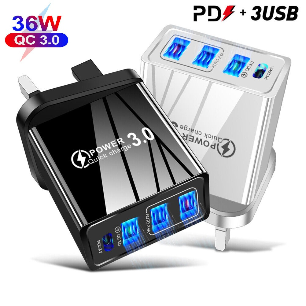 36w QC3.0 Fast Charger 4 USB Port 3.1A Fast Charger UK Plug Adapter Support Quick Charge Fast Charging