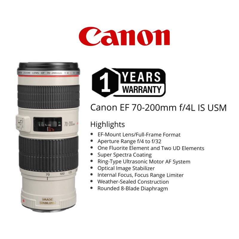 Canon EF 70-200mm F/4 IS USM EF Mount Full Frame Format (1 years warranty) CANON 70-200MM F/4L IS USM CANON 70-200MM
