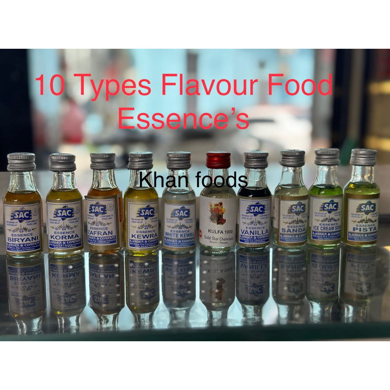 Food Essence SAC Pakistan 10 Flavoured Food Essence 25ML Biryani,White Kewra,Zafran,Vanilla,Pista,Korma,Sandal Essences