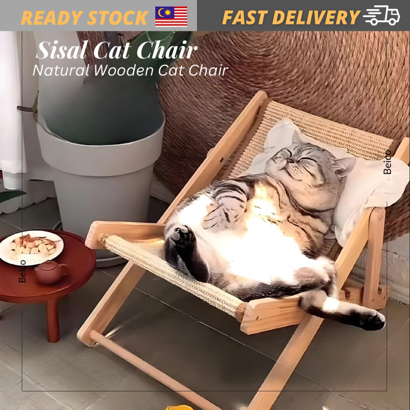 Sisal Cat Chair, 4-Speed Adjustable Natural Wooden Cat Chair, Elevated Cat Bed with Sisal Scratcher and Cat Hammock