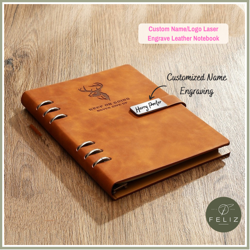 Custom Name/Logo Laser Engraving Premium Thick Vegan Leather A5 Ring Thread Binding Notebook Planner Diary Buku Nota