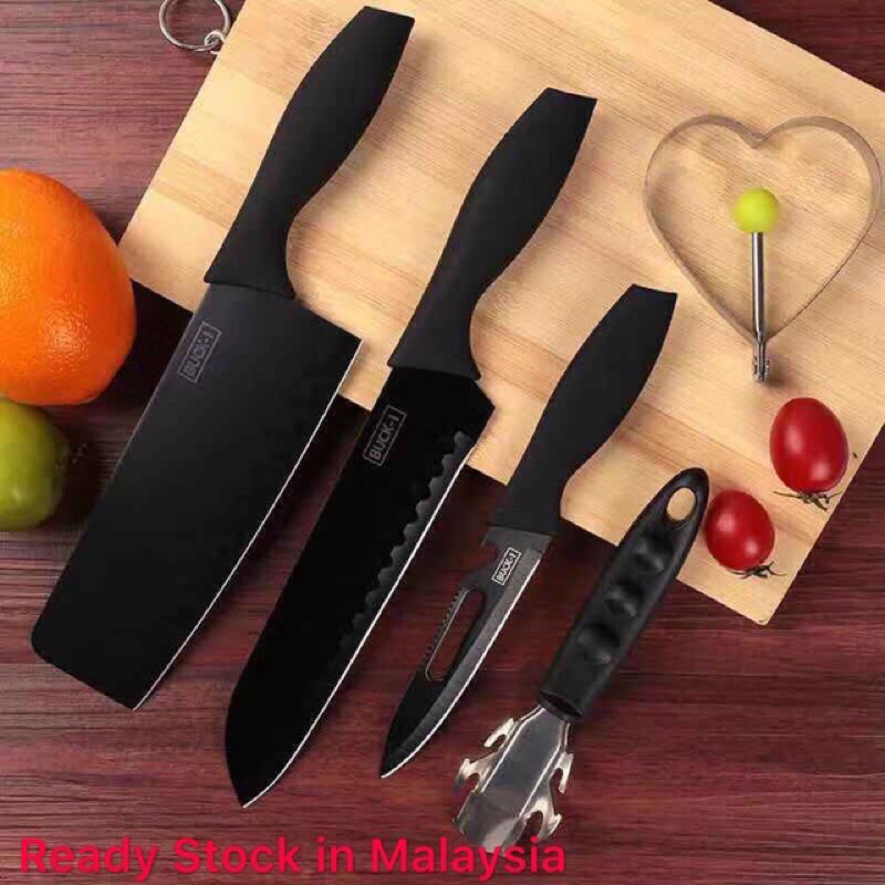 (Ready Stock) 5Pcs/Set Stainless Steel Buck i Knife with Black Oxidation lron Film (Black)