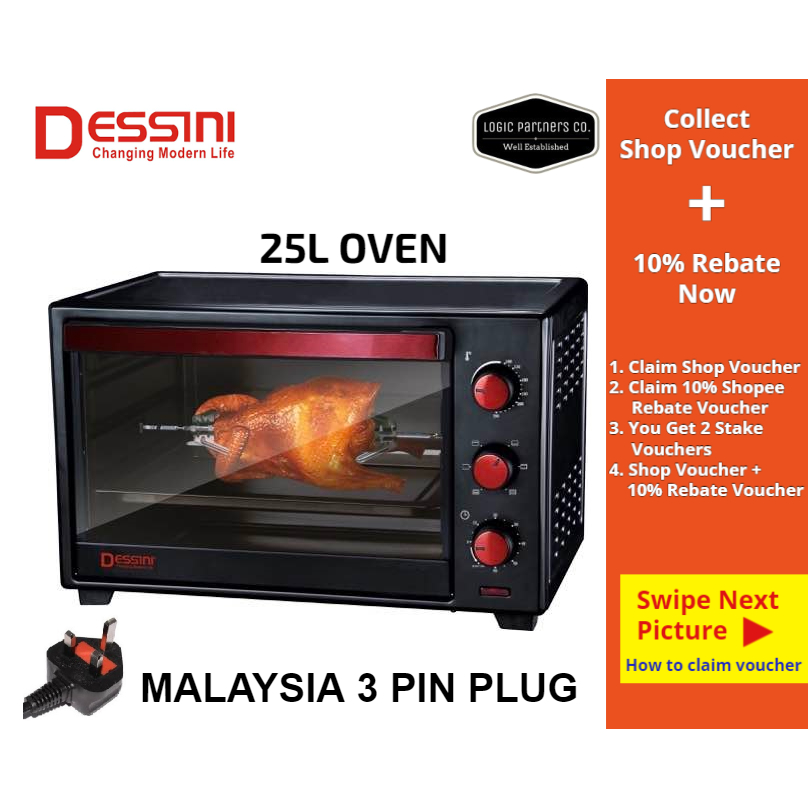 DESSINI 25L Electric Oven Toaster Baking Pizza with Rotisserie Rotating Roasted Chicken Tools Tray 25 Litres