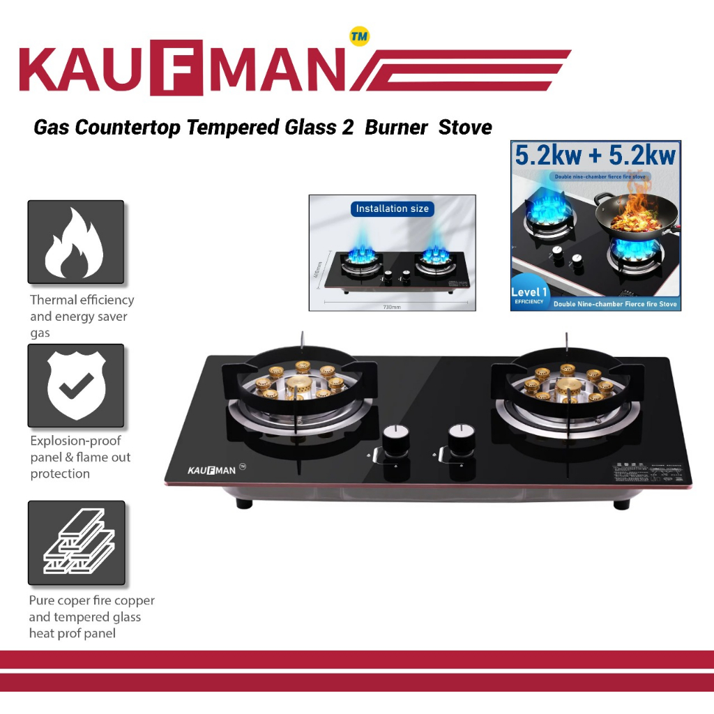 Tempered Glass Gas Stove Dapur Gas Clad Double Nine-Chamber Fierce Flame Cooker With Flame Failure Protection (Lpg)