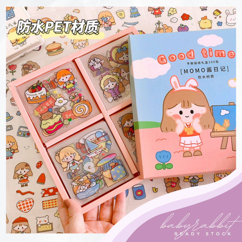 100pcs MOMO Waterproof PET Stickers No Repeat Stickers Set Journalist Stickers 100张MOMO酱卡通手帐贴纸套装PET防水贴纸可爱礼盒水杯贴画装饰粘贴纸
