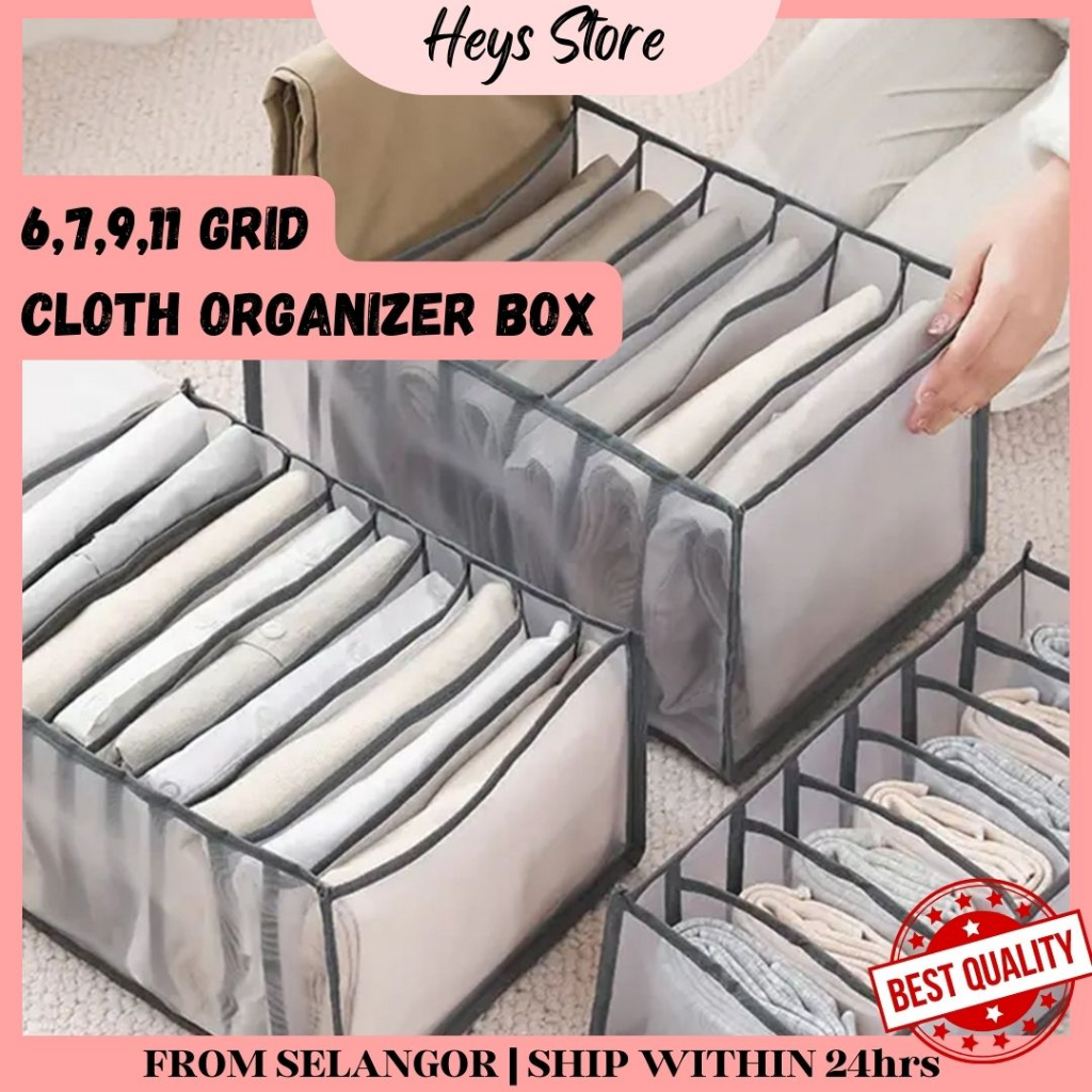 6/7/9/11 Grids Underwear Tudung Clothes Organiser Box Stackable Wardrobe Drawer Organizer Jeans Pants Socks Storage Box