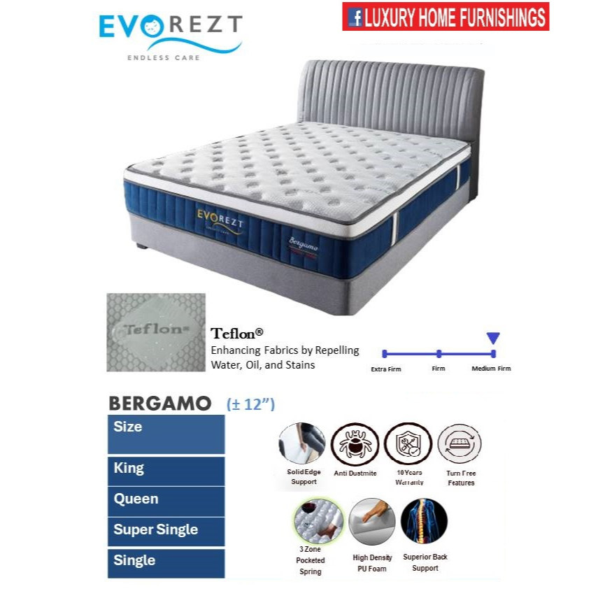 BERGAMO 12" Thickness 3 Zone Pocketed Spring High Density PU Foam Turn Free Superior Back Support Mattress With Solid EG