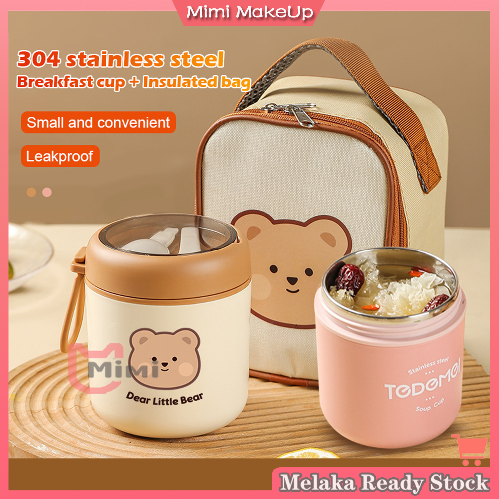 530ML Thermos Flask Soup Porridge Warmer Food Container 304 Stainless Steel Lunch Box with Spoon Bag for School Outdoor