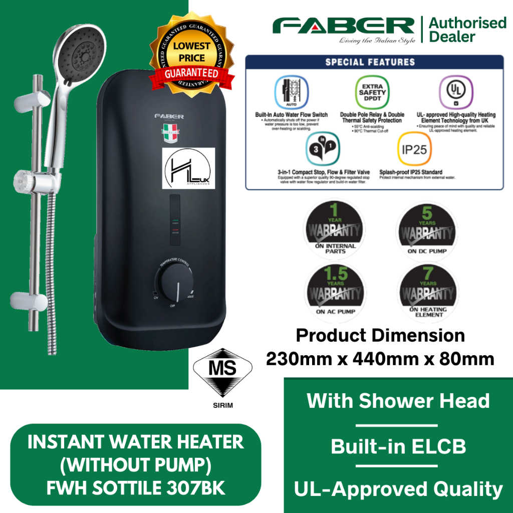 Faber No Pump Water Heater 3600W With Showerhead FWH SOTTILE 307BK / UL Approved Quality