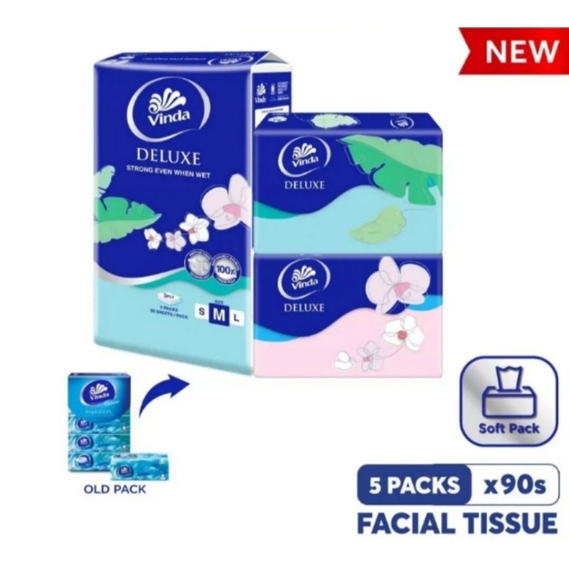 (OFFER) ( 5 x 90's ) Vinda Deluxe Soft Pack Facial Tissue Medium 3 ply ( 5 x 90's ) / Tisu Muka /纸巾 /维达