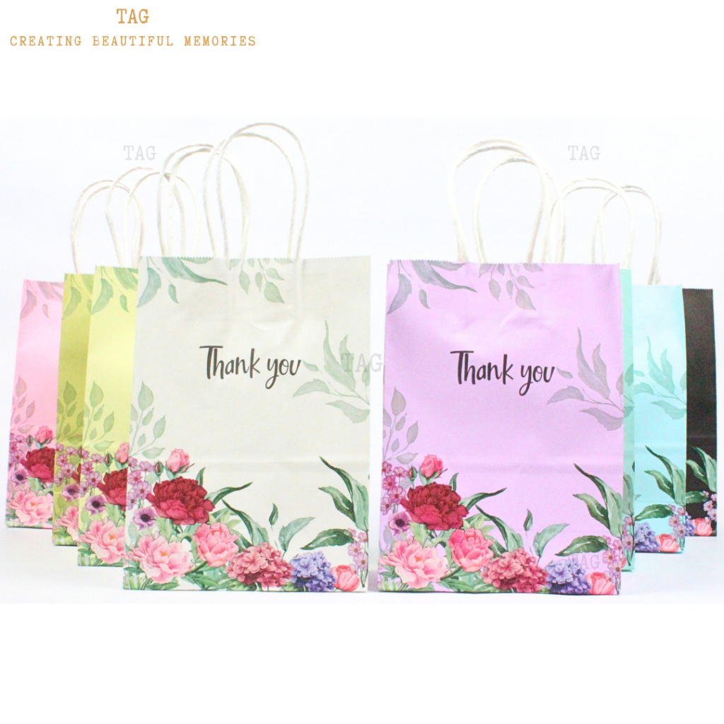 Wedding Party Goodies Floral Colour Kraft Paper Bag Twisted Handle Beg Kertas Bunga Kahwin Kraf Cenderahati PB1143 10Pcs