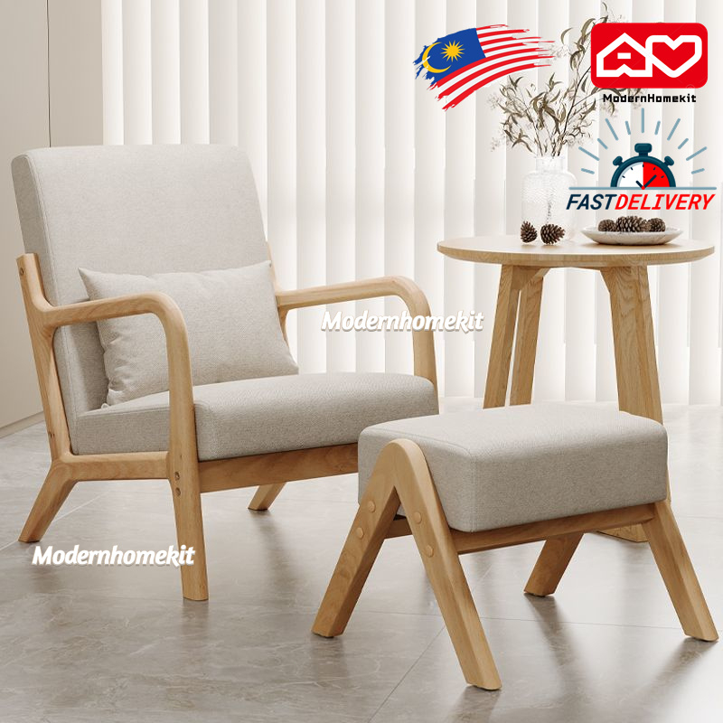 Ready StockNordic Arm Chair Solid Wood Single Sofa Chair Dining Home Wing Chair kerusi kayu Leisure Chair