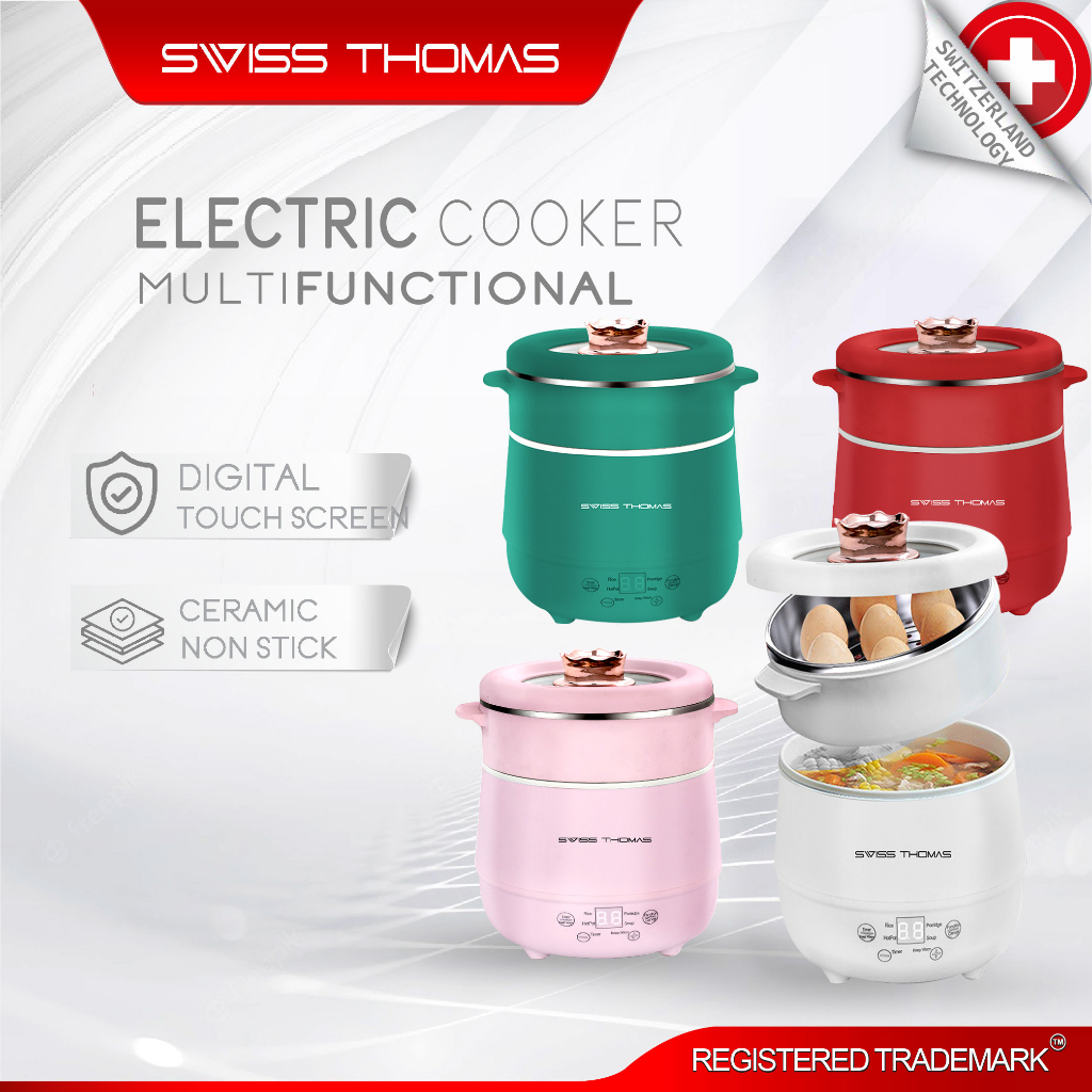 SwissThomas Mini Rice Cooker 1.8L | Non-Stick | with Steamer & Timer