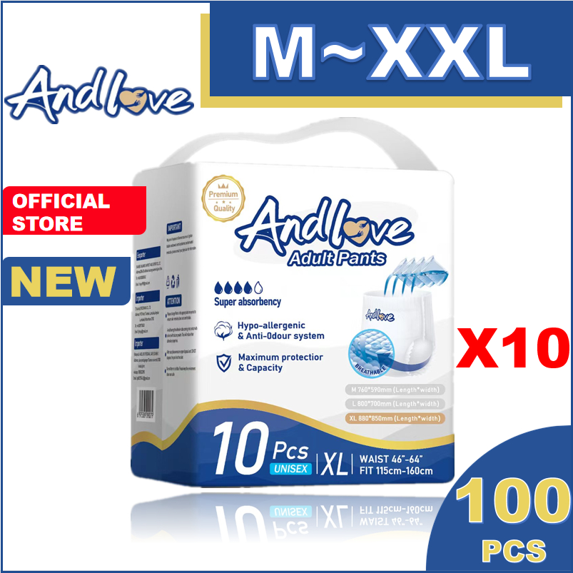 [24 hours delivery] ANDLOVE Adult Diapers M/L/XL /XXL(10Packs/100Pcs) Adult Pull-Up Pants, Leak-Proof