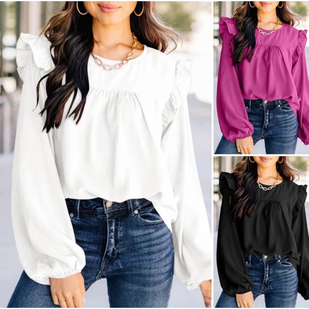 Plus Size Womens Ruffles Long Sleeve Top Blouse, Casual Holiday Party Solid Top Plus Size