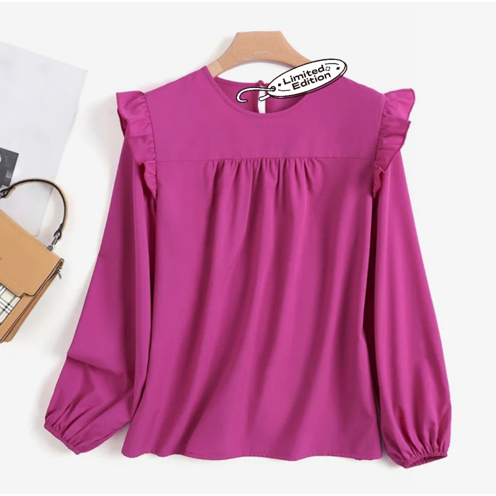 Plus Size Womens Ruffles Long Sleeve Top Blouse, Casual Holiday Party Solid Top Plus Size