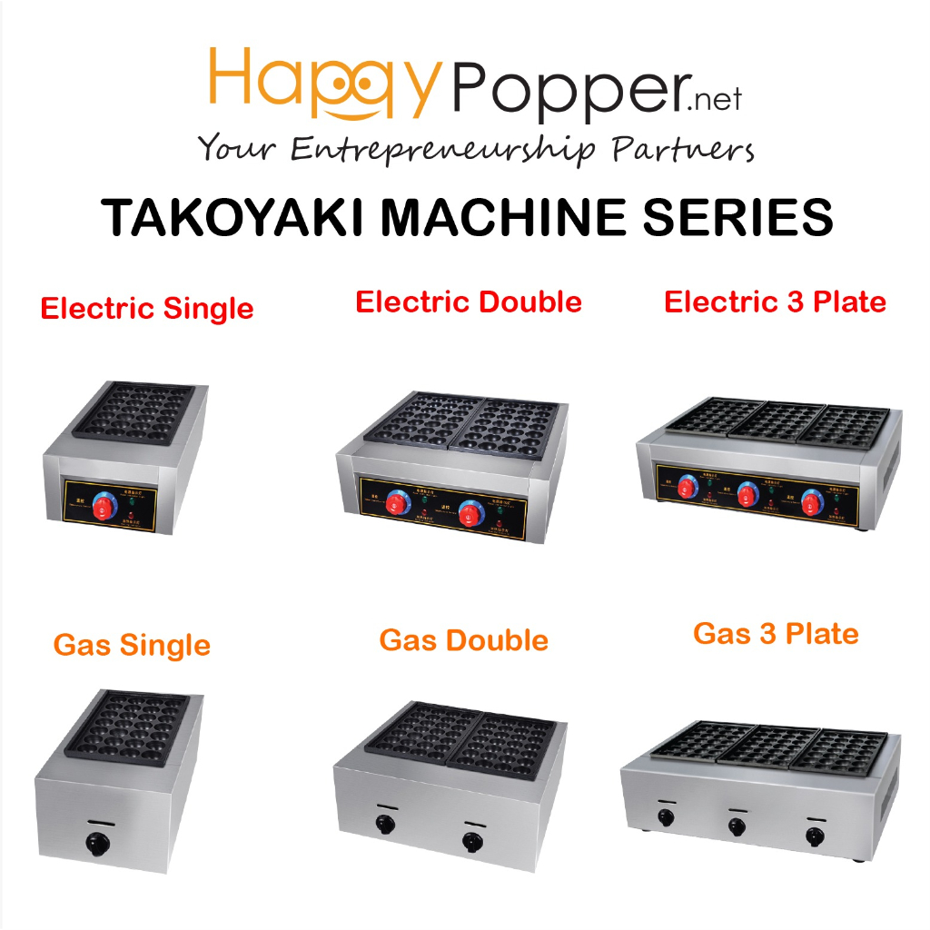 Happypopper Commercial Mesin Takoyaki Machine Maker Electric Gas Single Double 3 Plate Electric Heavy Duty Octopus Fish