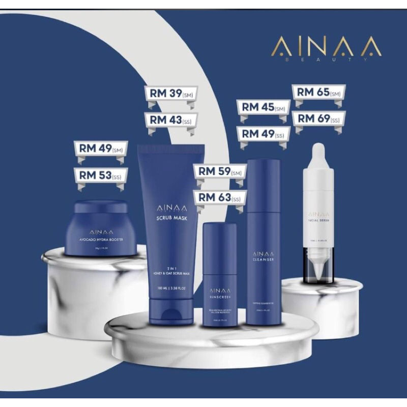 Ainaa Beauty Original HQ : Cleanser ❄️ Serum ❄️ Sunscreen ❄️ Hydra Booster Moisturiser ❄️ Scrub Mask