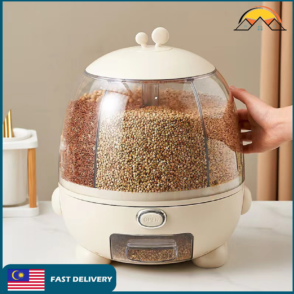 READY STOCK5 Grid Robot Rotating Rice Cereal Grain dispenser Multifunction 360 Rotatable Kitchen Dry food storage