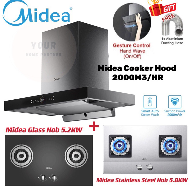 Midea Cooker Hood 2000M3/HR Suction MCH-90M80AT Hand Wave & Auto Clean Steam Wash Function