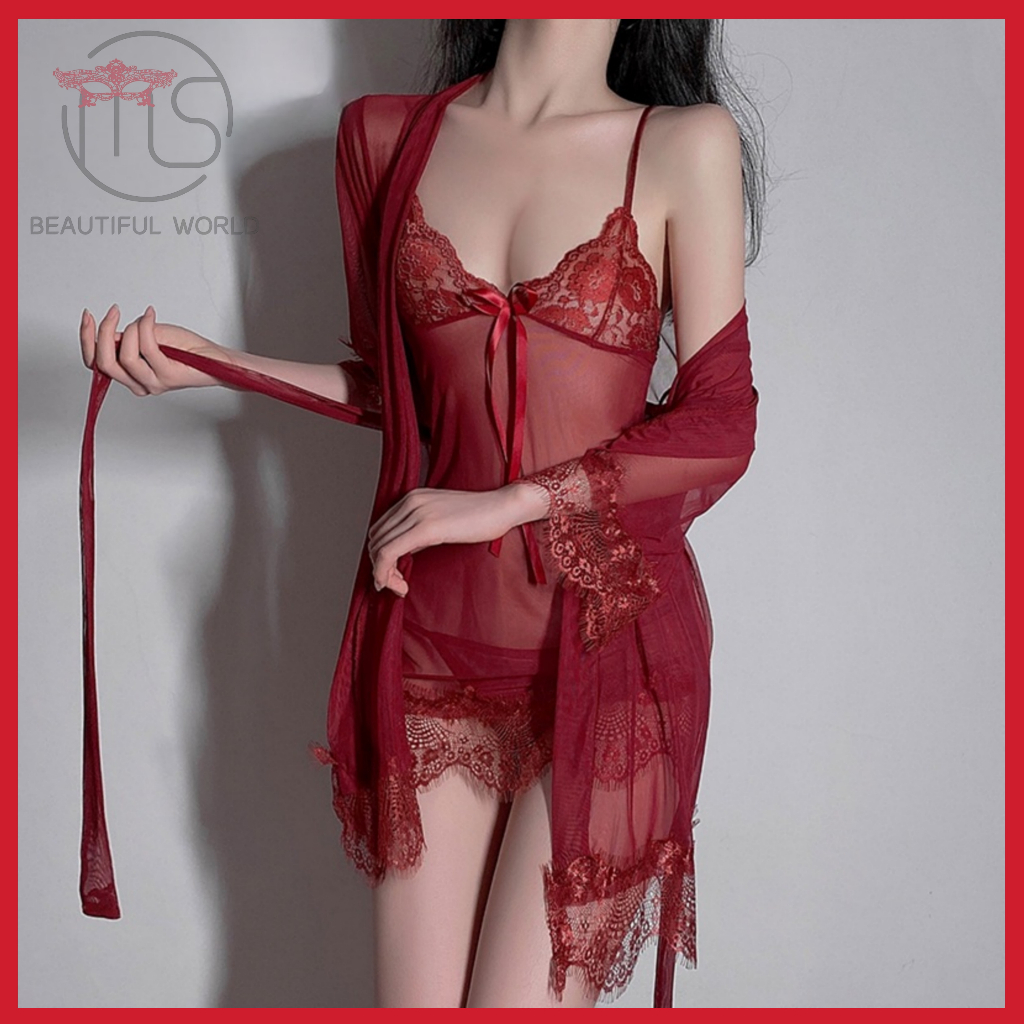 ???Plus Size Robe Nightwear Two Pieces In One Set Robes Babydoll Sleepwear Pajamas Sexy Lace Nightdress Baju Tidur Seksi