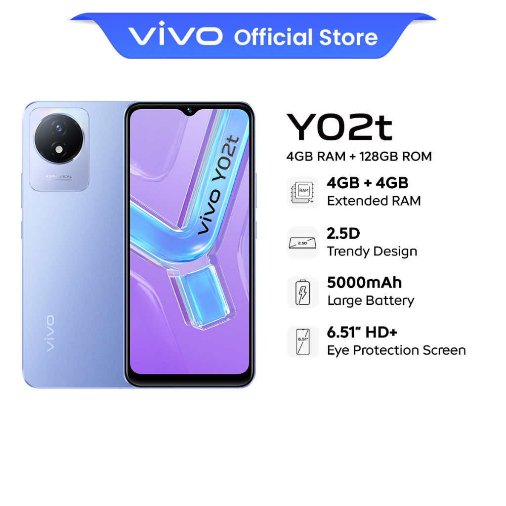 New Arrival vivo Y02T 4+4GB EXTENDED RAM + 64GB/128GB ROM 5000mAh Large Battery 6.51″ HD+ Eye Protection Screen