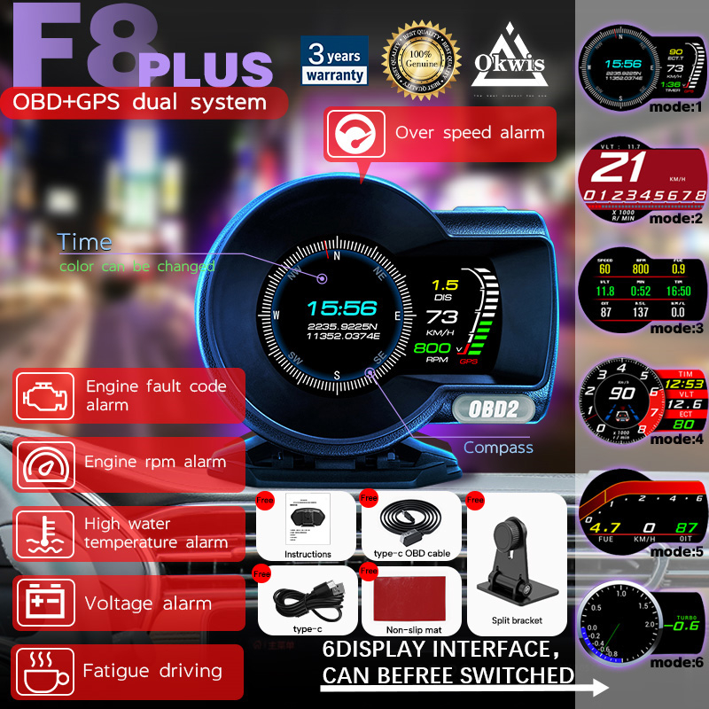 [Local] Okwis F8PLUS Car OBD GPS OBD2 Meter Digital Scanner Alarm Speed Gauge display Hud Water temp RPM turbo boost