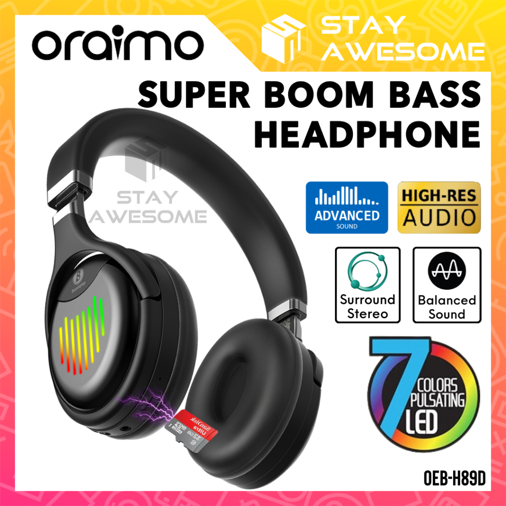 ORAIMO Super Boom Heavy Bass Power Bluetooth SD Card Over Ear Headphone With Mic SAH89D Blutooth Headset RGB Headfon