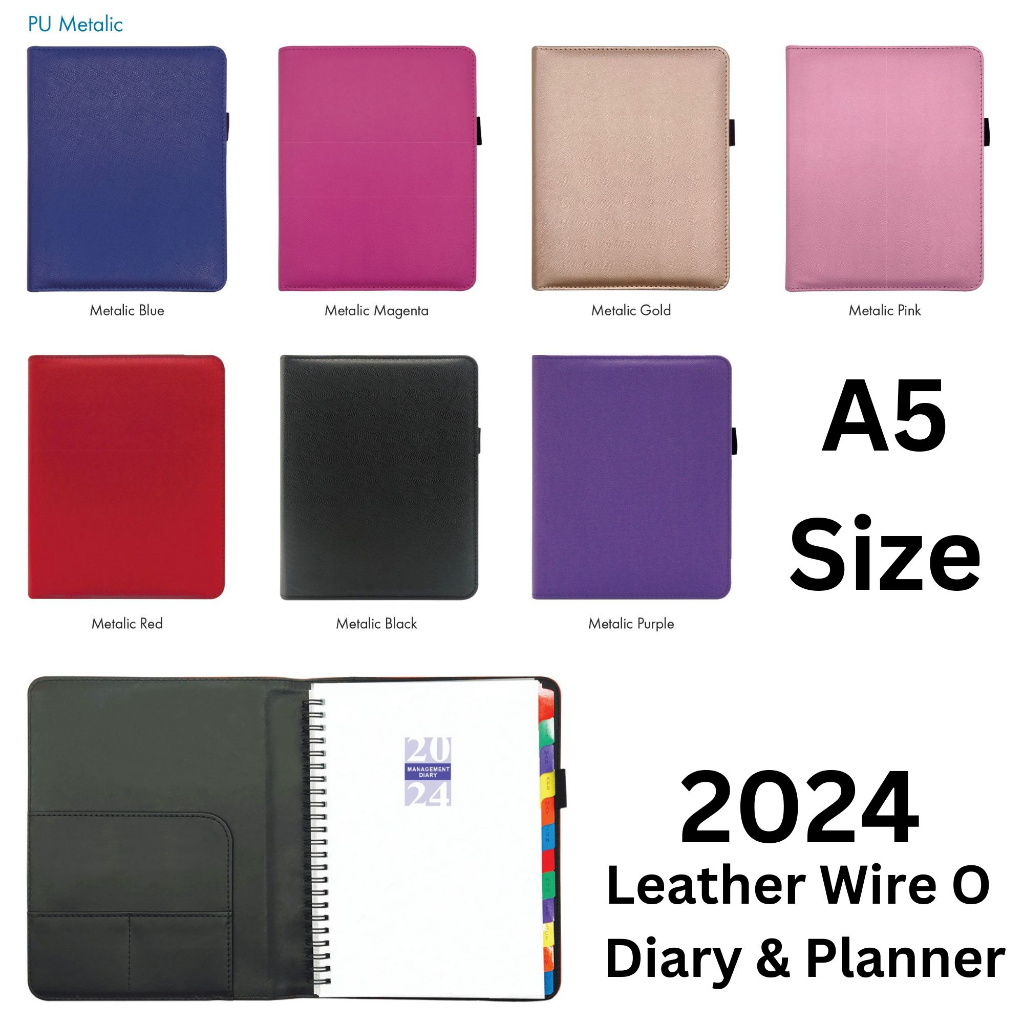 2024 Diary Planner A5 PU Leather W1003 Wire O Monthly Planner Notebook Journal Diaries Study Record Book Buku Nota Diari