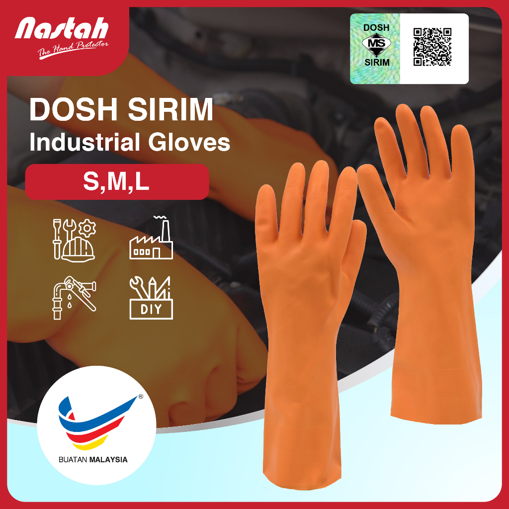 DOSH SIRIM Certified Mechanic Rubber Gloves FLO2813 Orange Waterproof, Thick, Durable Heavy Duty