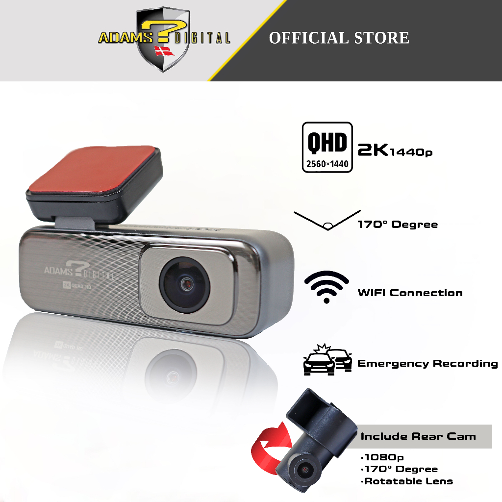 Adams Digital Dash Cam Car 2K 1440P QHD Car Recorder Wifi Emergency Recording Night Vision With Rear Cam 1080p PX 2