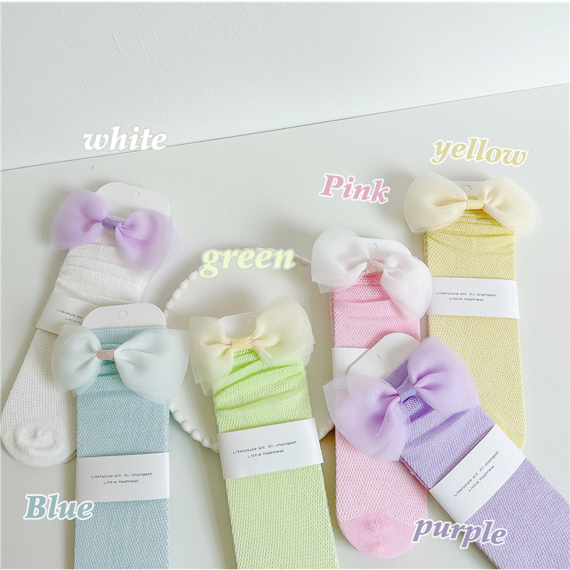 Summer New Children's Socks Baby Colorful Mesh Bow Mid tube Socks Hollow Mesh Trendy SocksGreater discount for two pairs