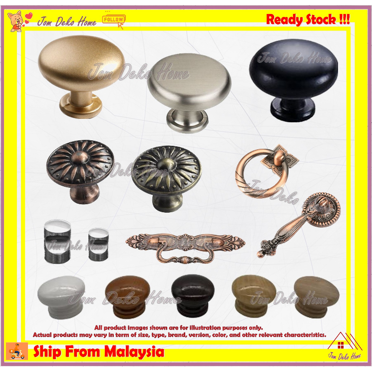 Round Pull Knob Handle for Cabinet Drawer Wardrobe Wood Door Handle Pemegang Kayu Bulat Gold Vintage Knob