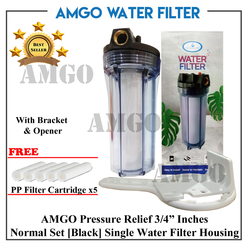 AMGO Pressure Relief Water Filter Housing With 5pcs Replacement Catridge 3/4" Pipe Outdoor / Kitchen /Office Penapis Air