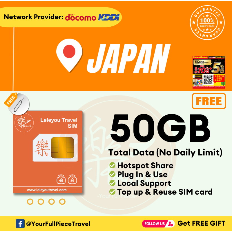 Leletravel【Japan】【7/10/15Days】【日本上网卡】【Asia】【4G High Speed Data】4G Travel Prepaid Sim Card +Free JAPAN Store Voucher