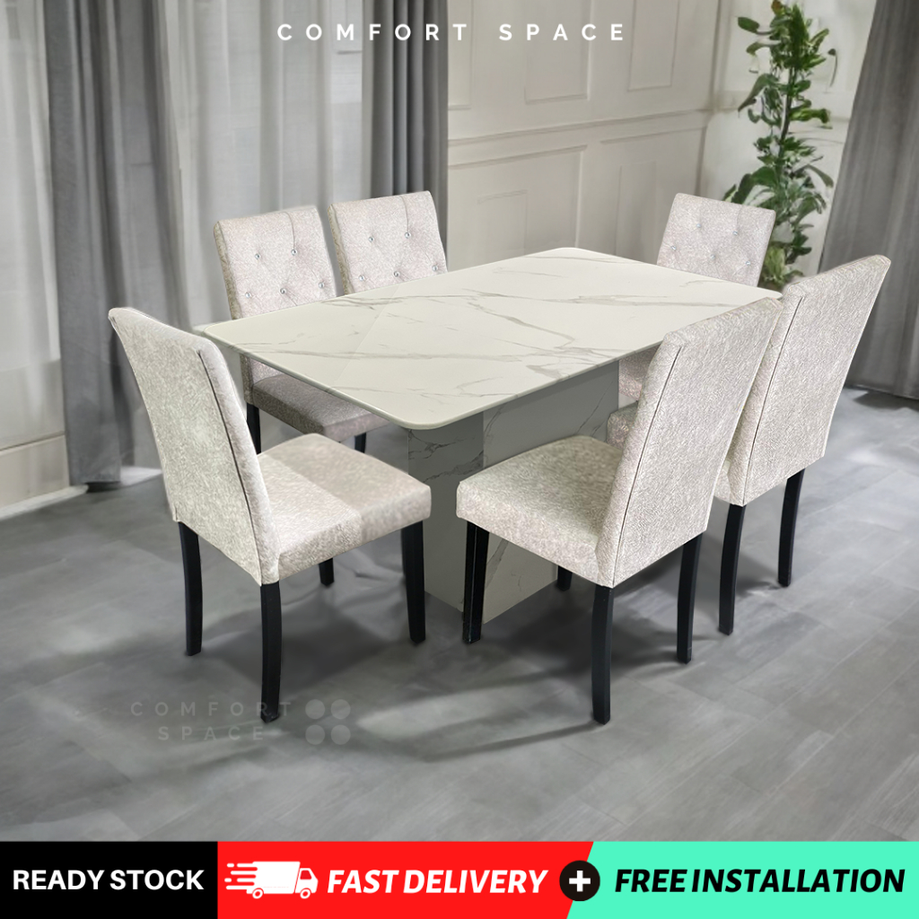  Free Installation  Comfort Space - Doel 6 Seaters Marble Dining Set 1+6 | Set Meja (140cm x 80cm) 餐桌椅 96-16 + 149-02