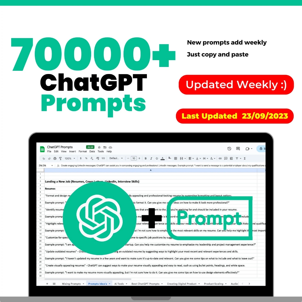 ChatGPT 70000+ Prompts and ChatGPT Tips and Tricks Unlock the full potential of ChatGPT, AI Updated WEEKLY