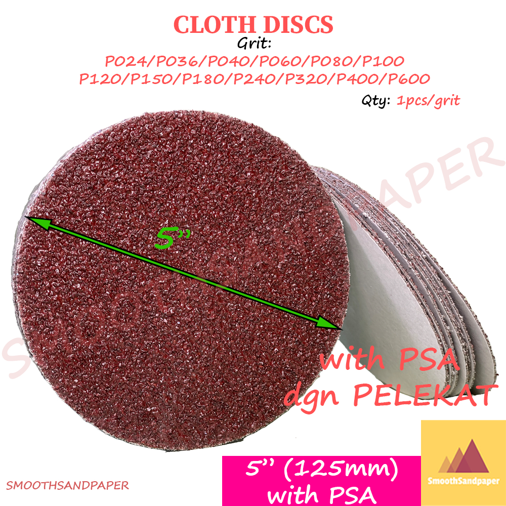 5 Inch Sanding Disc PSA (Self Adhesive) | Red Cloth Aluminium Oxide Sandpaper P24-P600 | Best For Metal