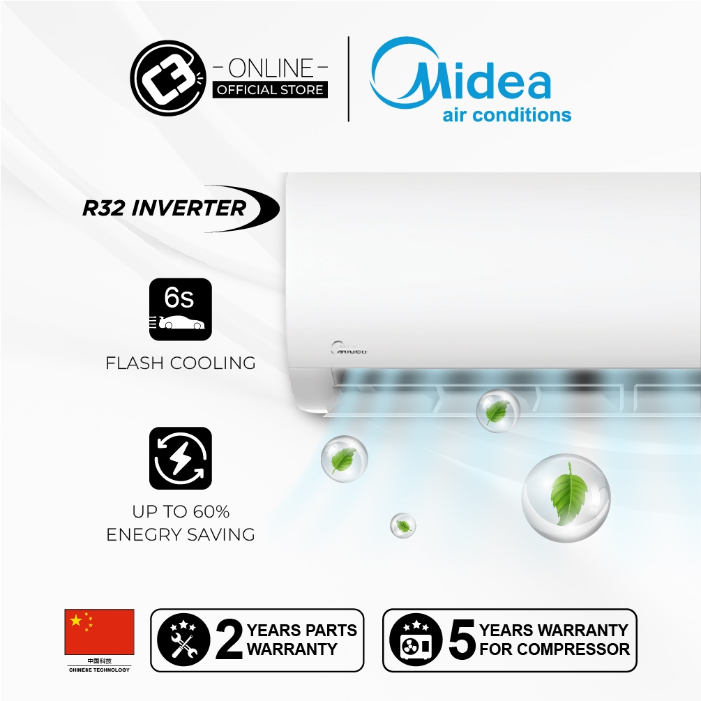 (Klang Valley) Midea 1.0HP 1.5HP 2.0HP 2.5HP R32 Inverter MSXS Xtreme Save Inverter Wall Mounted Aircond