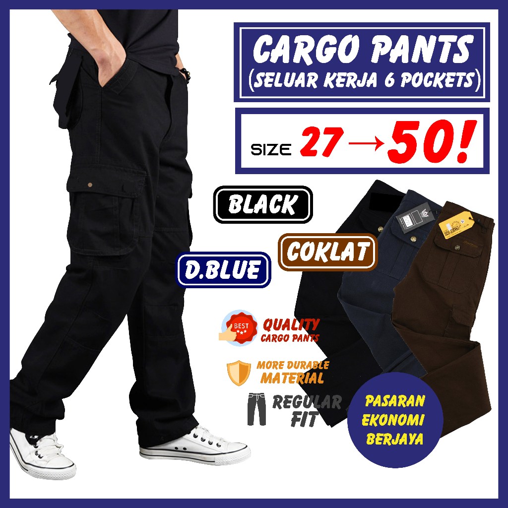 SELUAR POCKET 4655#/ CARGO PANTS/ KARGO SLACK SIX POCKETS/ SELUAR KERJA/ ENAM POCKETS/ HITAM BIRU GELAP BLACK DARK BLUE