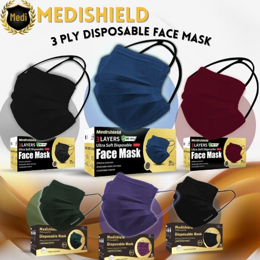 Medishield 50pcs Full Black Mask 3ply Face Mask Hijab Mask Head Loop Mask Adult Face Mask Colour 4PLY Black/pink/grey/pu