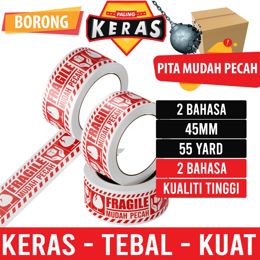 Palingkeras Fragile Tape 45mm / Fragile / Pita Serbaguna / Pita Pelbagai Saiz / Pita Amaran / Kotak / Pelekat / Pita