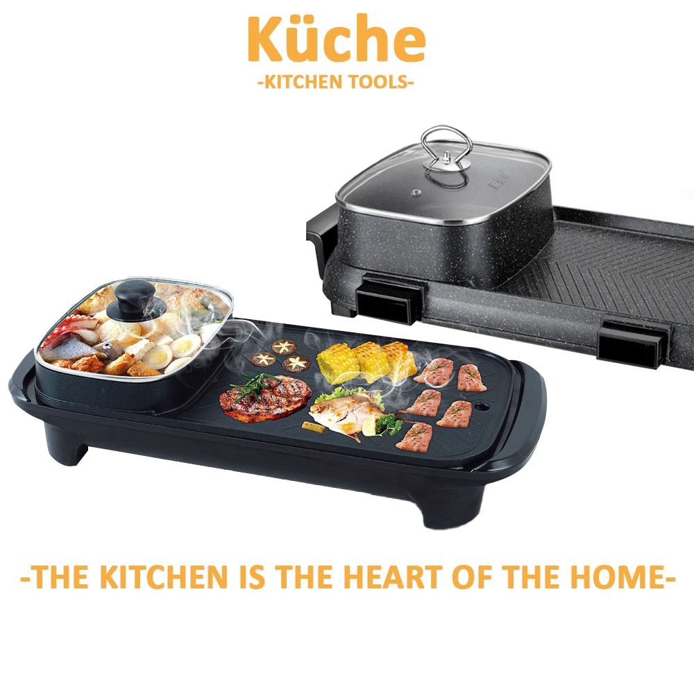 KUCHE Multifunctional Rectangle Shape 2in1 Electric Barbecue Cooker Electric Griddle Non-Stick Hotpot Steamboat Pot