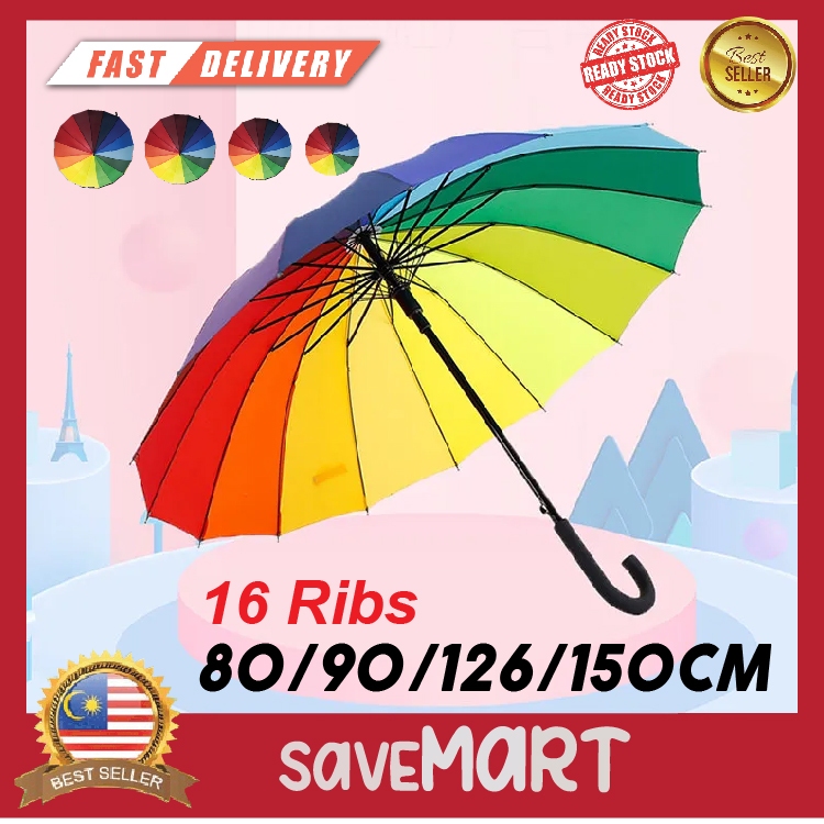 16Ribs Rainbow Umbrella Curved Handle Waterproof Raining Sun Protection Parasol / Payung Pelangi